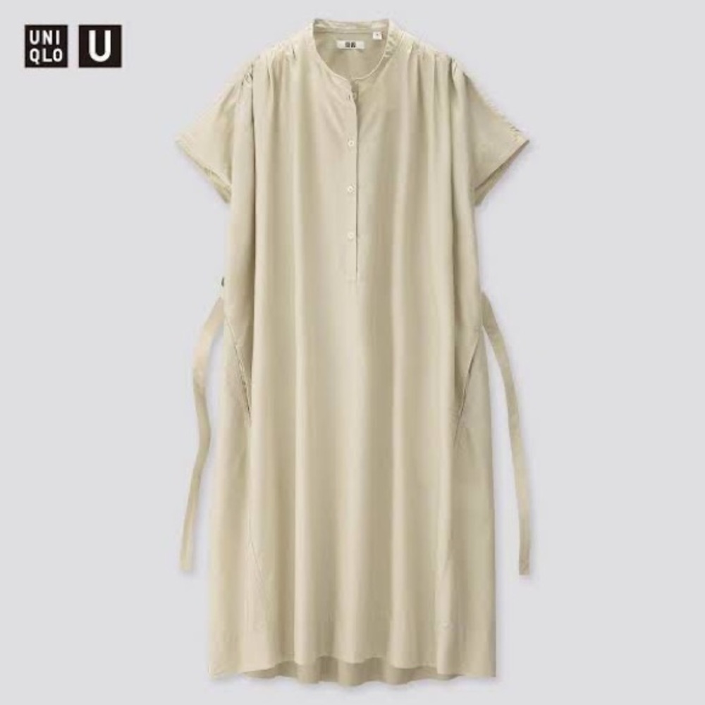 Uniqlo U Parachute Short Sleeve Shirt Dress in cream / tan / light green